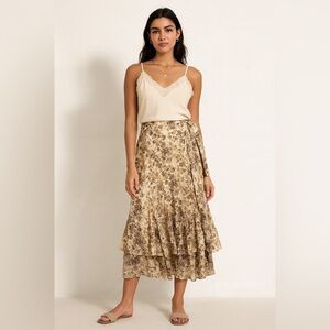 Vtg Camelot Floral Maxi Skirt Beige Brown Size S Ruffle Boho Romantic Style